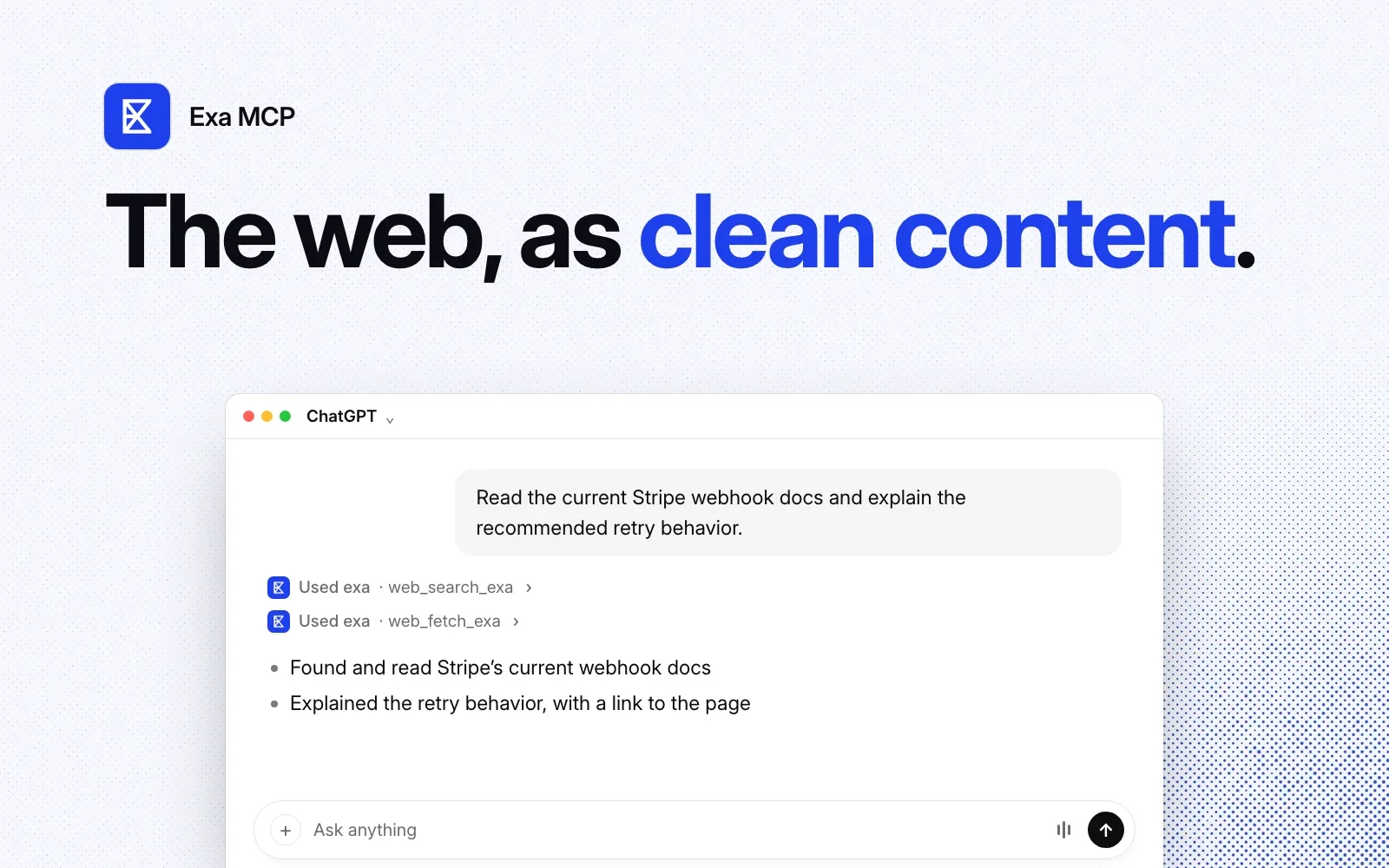 An example chat in ChatGPT: asked to read Stripe's current webhook docs, the agent uses Exa's web_search_exa and web_fetch_exa tools and explains the retry behavior.