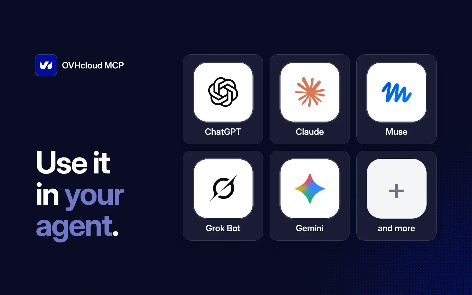 Use it in your agent: ChatGPT, Claude, Muse, Grok Bot, Gemini and more.