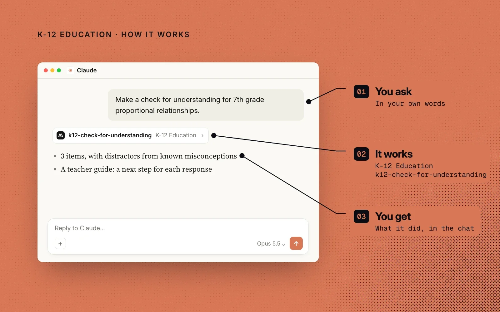 How it works: you ask in your own words, the K-12 Education plugin's check-for-understanding skill does the work, and you get the items and guide in the chat.