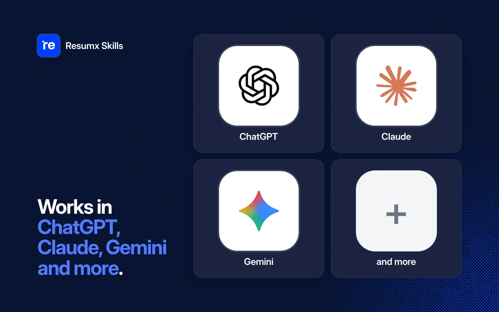 Resumx Skills works in ChatGPT, Claude, Gemini and more.