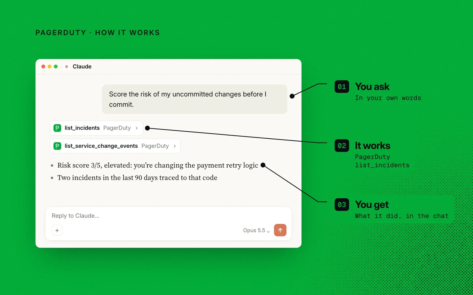 How it works, shown in an example Claude chat: you ask in your own words, the PagerDuty plugin checks the service's incidents, and you get a risk score in the chat.