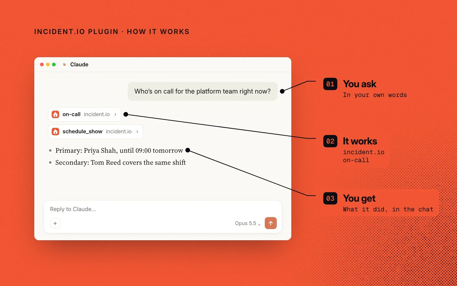 How it works: you ask in your own words, the incident.io plugin's on-call skill does the work, and you get the answer in the chat.