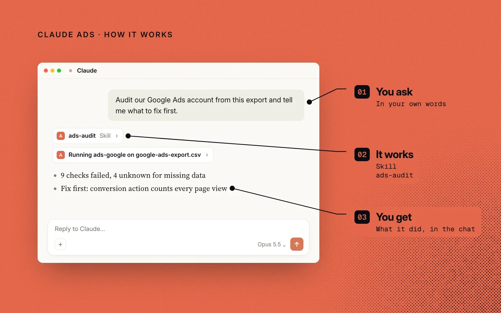 How it works, on an example chat: you ask for an ad account audit in your own words, Claude Ads' ads-audit skill does the work, and you get the findings in the chat.