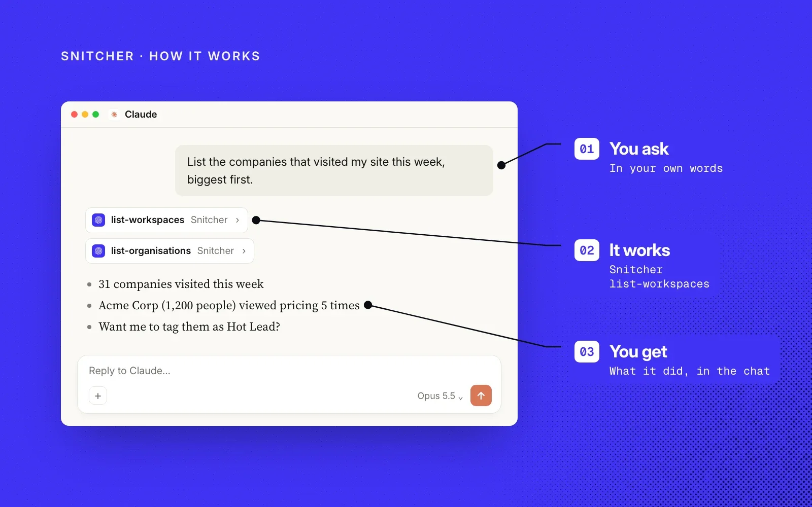 How it works, shown on an example chat in Claude: you ask in your own words, Snitcher's list-workspaces and list-organisations tools run, and you get the companies in the chat.