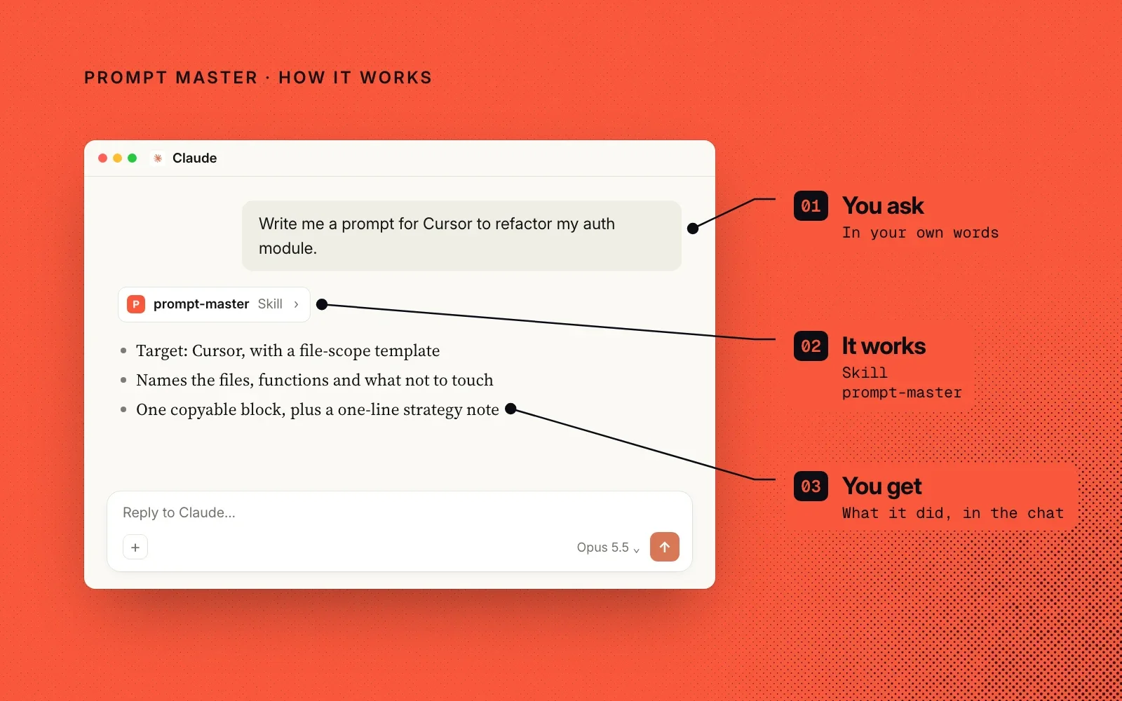 How it works, on orange: you ask in your own words, the prompt-master skill runs, and you get one copyable prompt in the chat. An example.