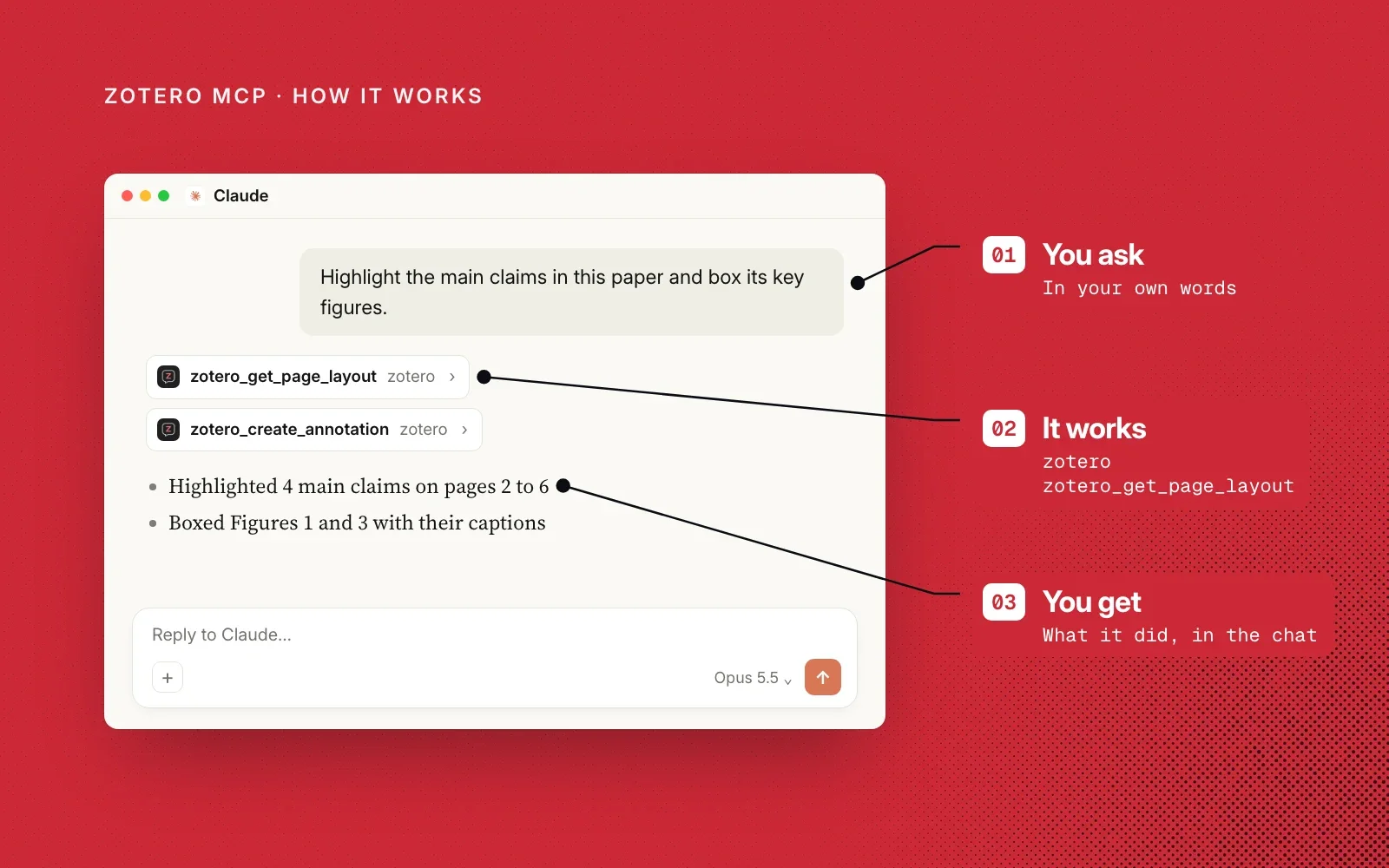 How it works, in an example: you ask in your own words, it calls its page layout and annotation tools, and you see what it did in the chat.