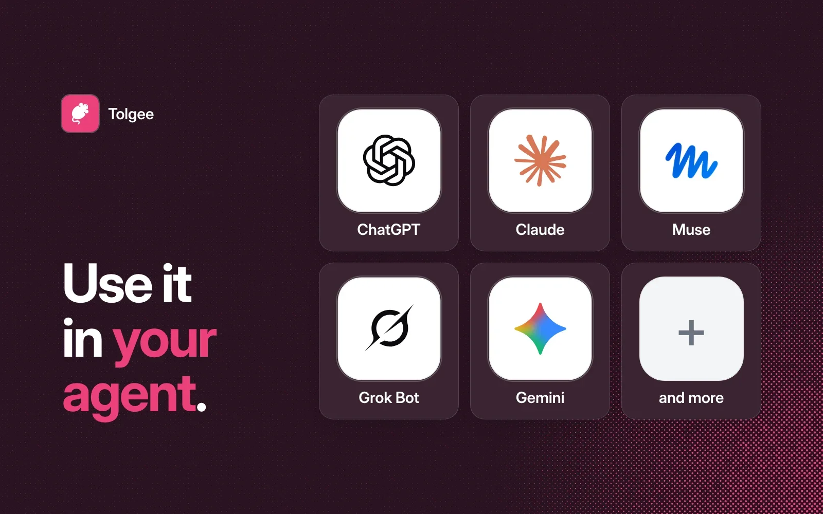Use Tolgee in your agent: ChatGPT, Claude, Muse, Grok Bot, Gemini and more.
