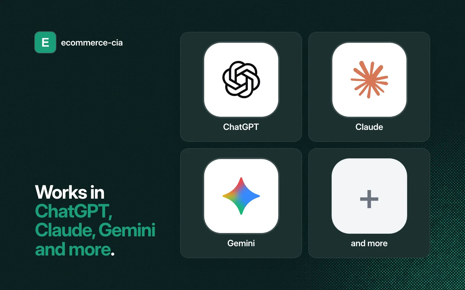 ecommerce-cia works in ChatGPT, Claude, Gemini and more, shown as agent tiles on a dark background.
