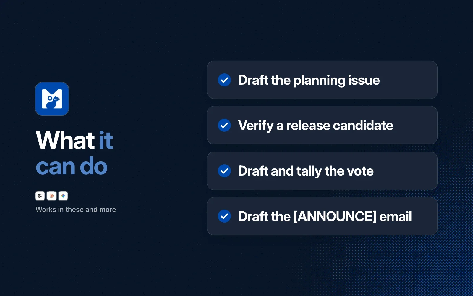 "What it can do" checklist: draft the planning issue, verify a release candidate, draft and tally the vote, draft the [ANNOUNCE] email.