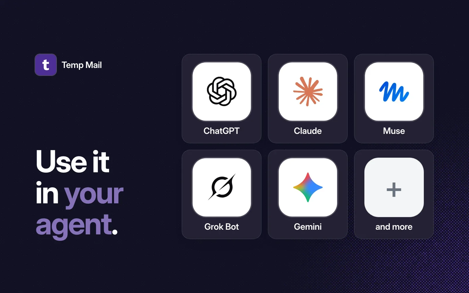 The agents it works in: ChatGPT, Claude, Muse, Grok Bot, Gemini and more.