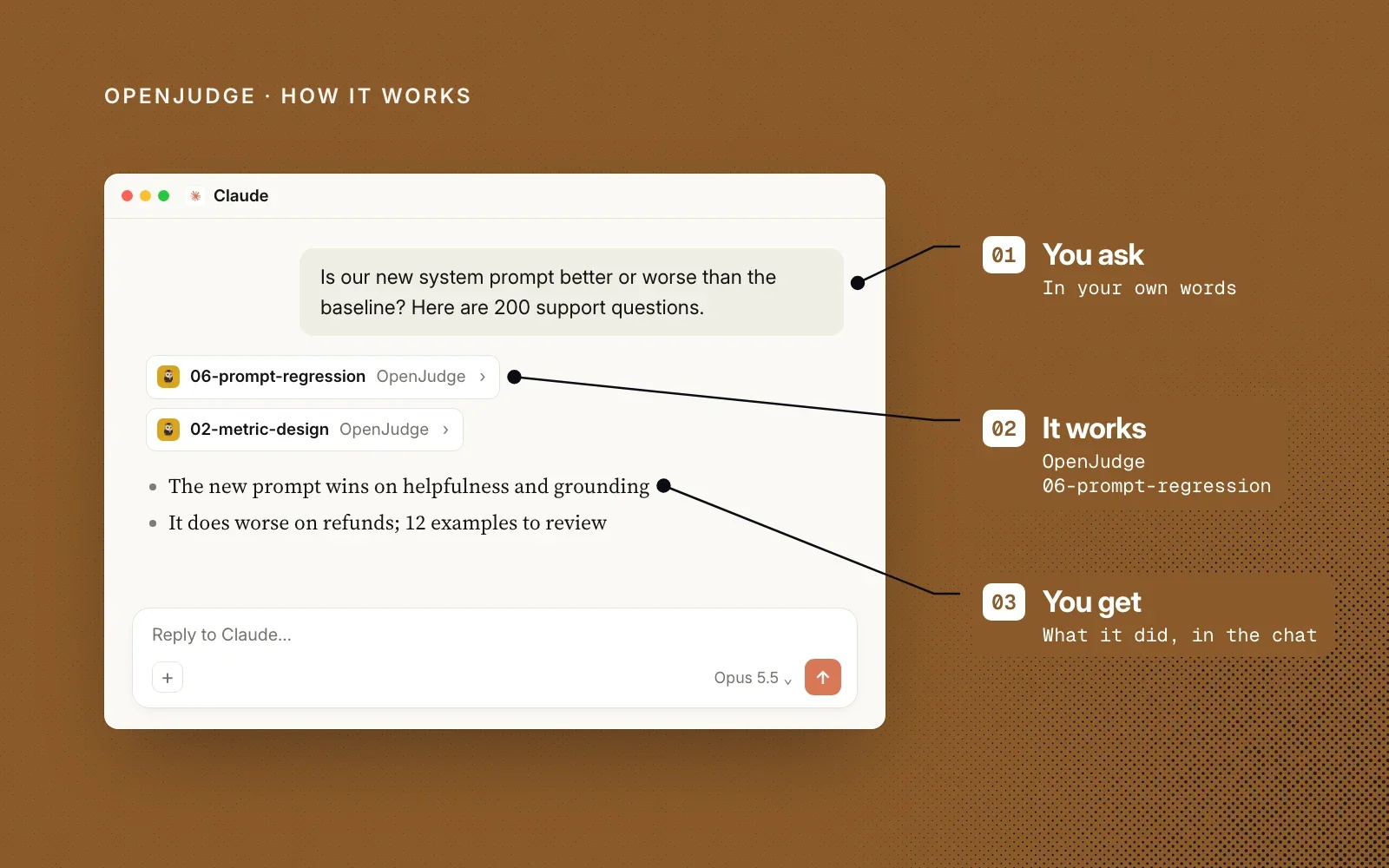 How it works: you ask in your own words, OpenJudge runs its prompt-regression skill, and you see the comparison in the chat.
