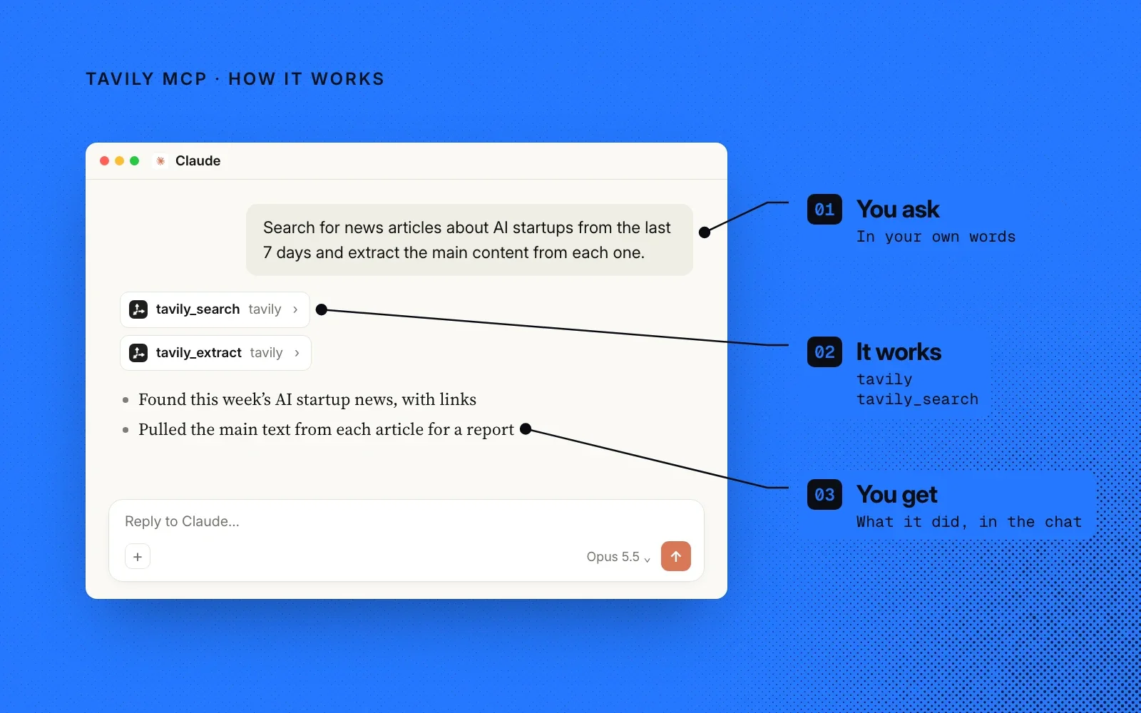 How it works, in an example: you ask in your own words, Tavily MCP searches and extracts, and you see what it did in the chat.