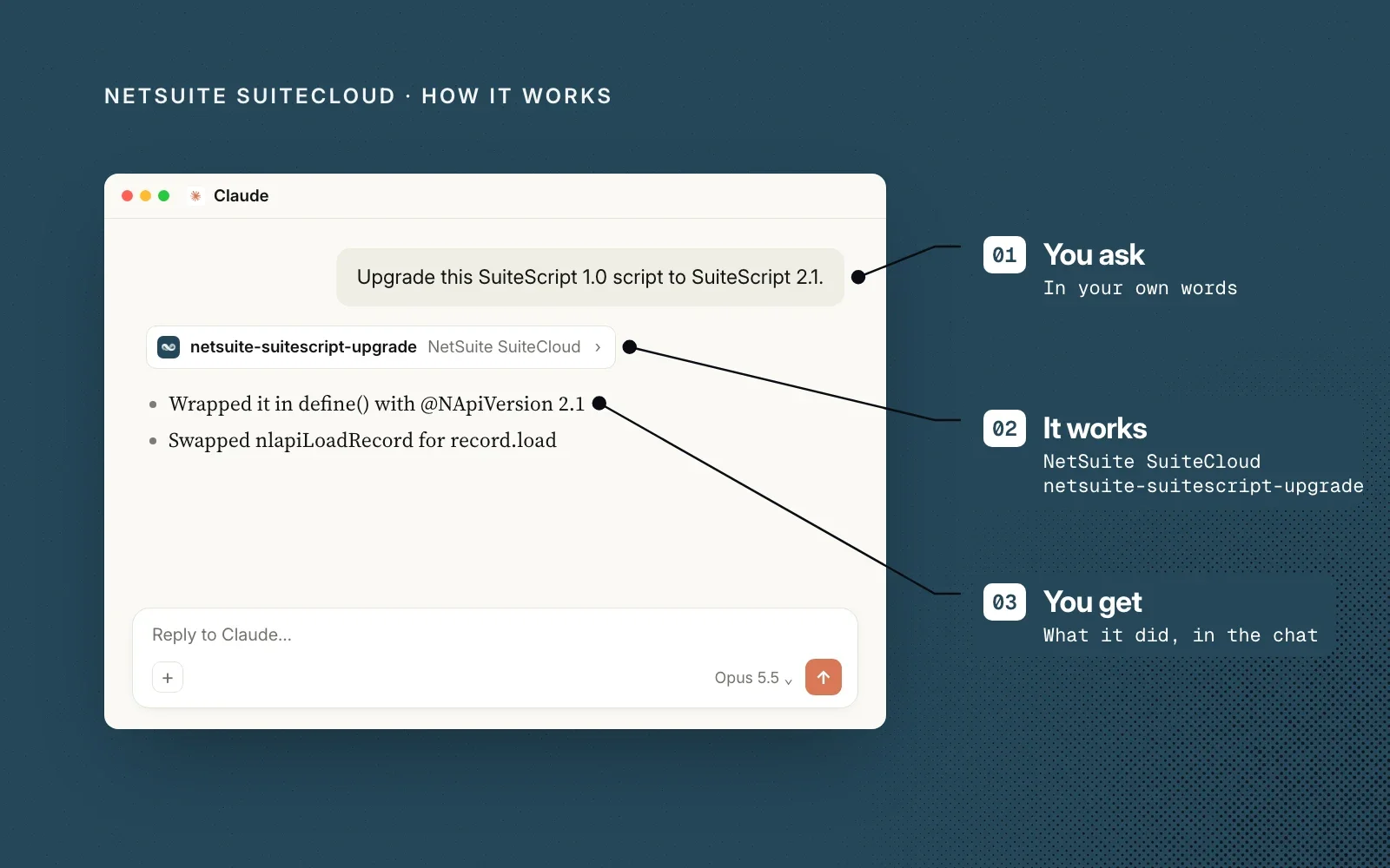 How it works: you ask in your own words, NetSuite SuiteCloud loads the matching skill, and you get the result in the chat.