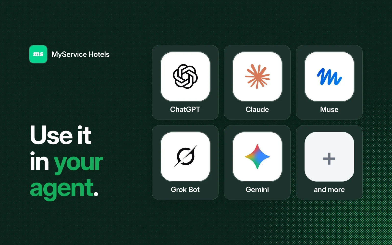 Use it in your agent: ChatGPT, Claude, Muse, Grok Bot, Gemini and more.