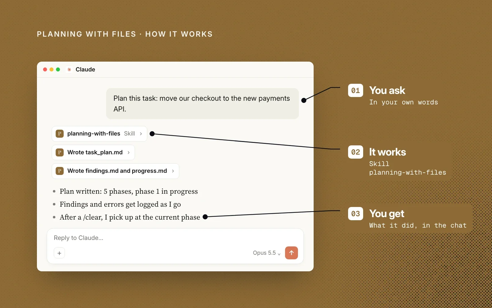 How it works, as an example: you ask in your own words, the planning-with-files skill writes the plan files, and you see a 5-phase plan in the chat.