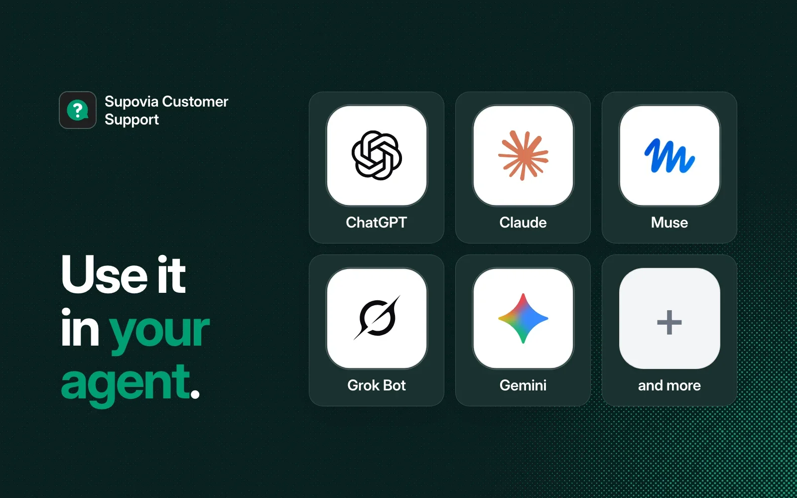 Use it in your agent: ChatGPT, Claude, Muse, Grok Bot, Gemini and more.