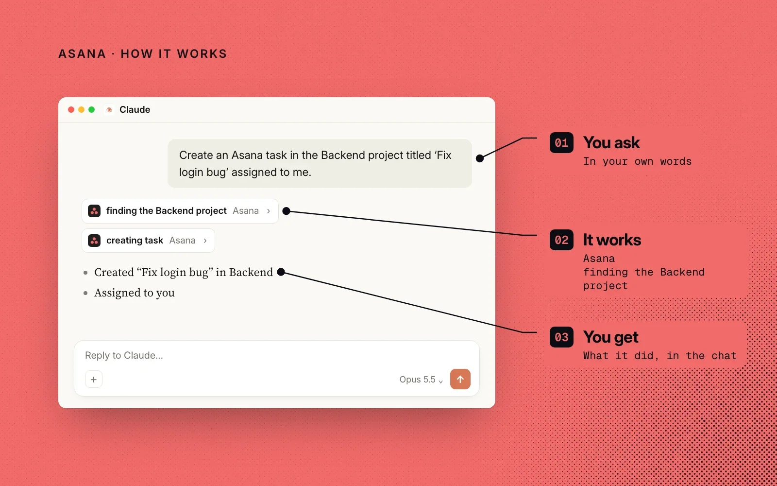 How it works, in an example: you ask in your own words, the agent works in Asana, and you see what it did in the chat.