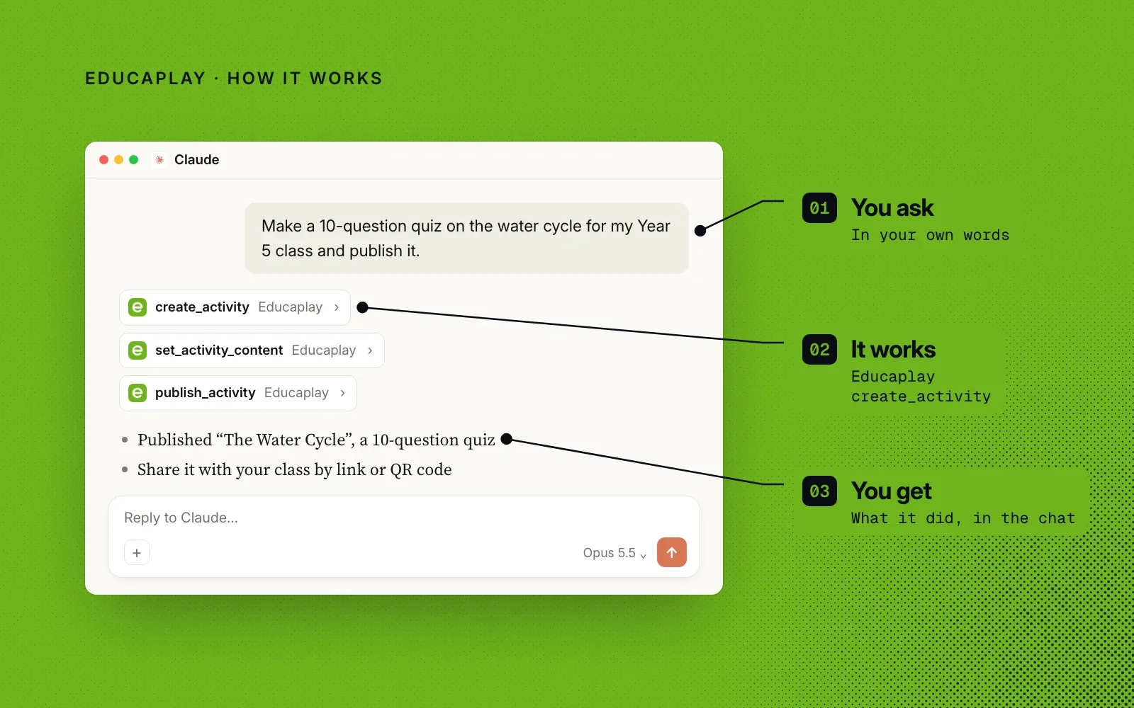 How it works, in an example Claude chat: you ask in your own words, Educaplay creates and publishes the quiz, and you get the result in the chat.