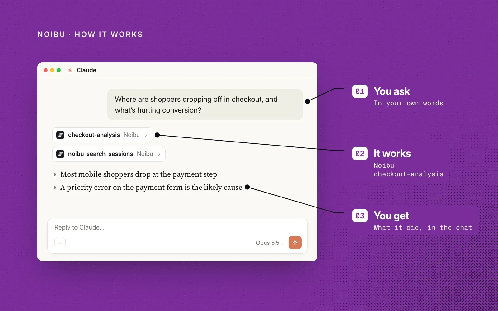 How it works, in an example chat: you ask in your own words, Noibu's checkout-analysis skill reads your store's data, and you see what it found in the chat.