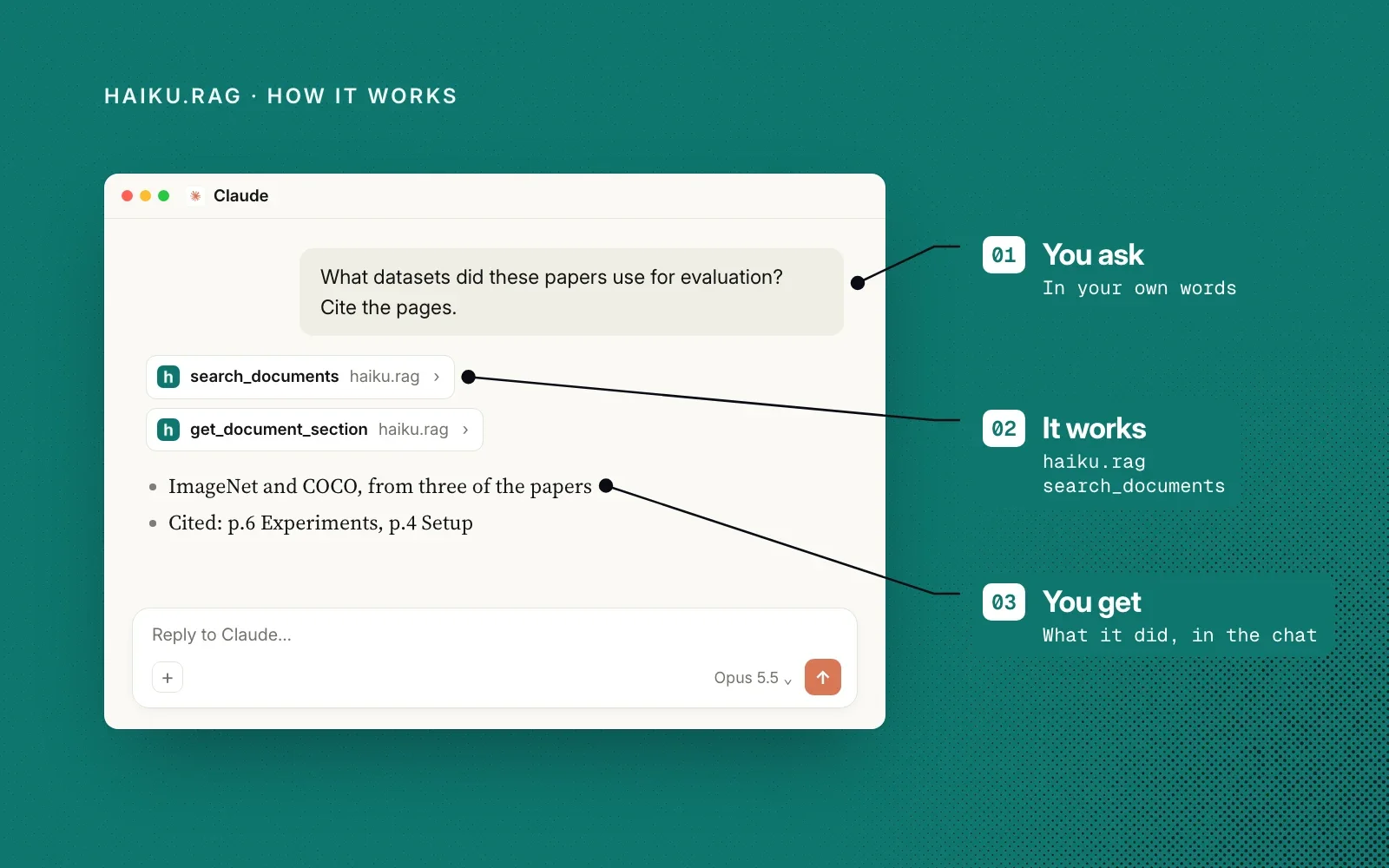 How it works: you ask in your own words, haiku.rag searches your documents, and you get a cited answer in the chat.