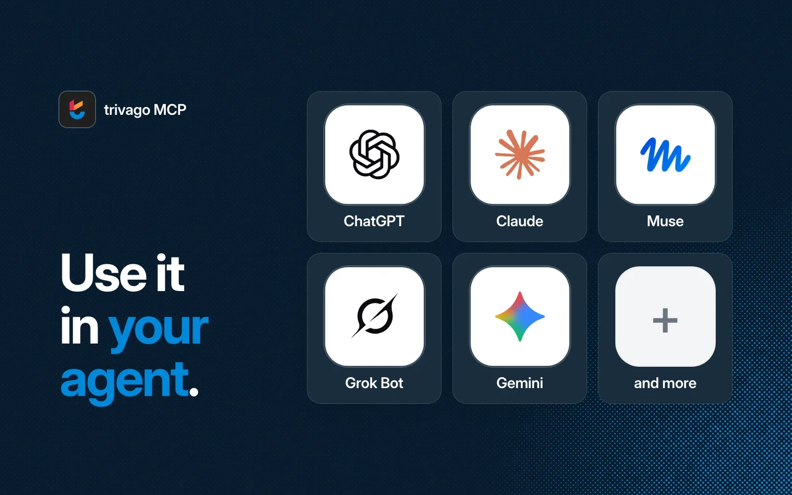 Use it in your agent: ChatGPT, Claude, Muse, Grok Bot, Gemini and more.