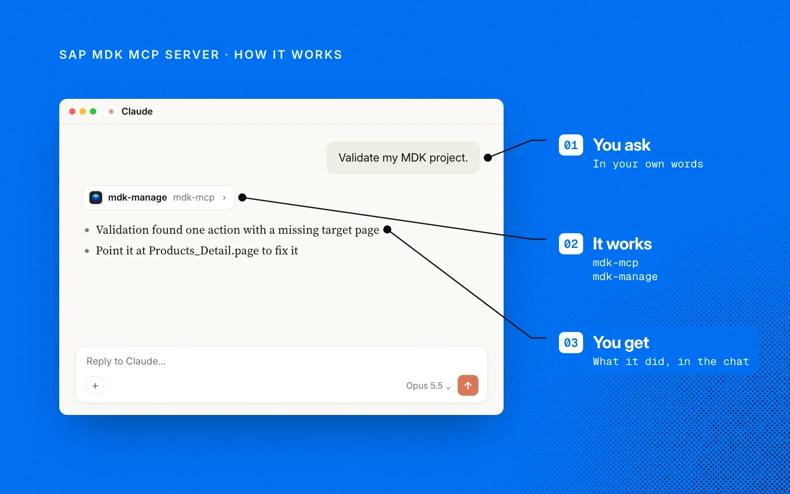 How it works, on an example chat: you ask in your own words, the MDK server's mdk-manage tool runs, and you get the result in the chat.