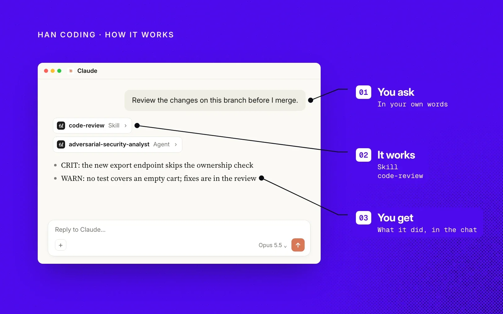 How it works: you ask in your own words, the code-review skill does the work, and you get what it found in the chat.
