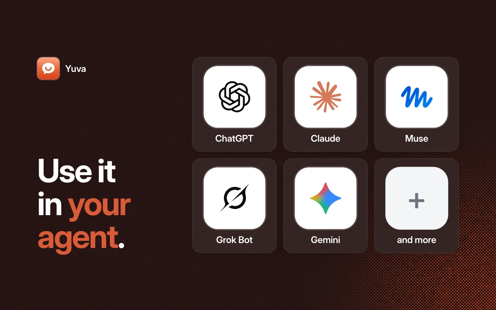 Use Yuva in your agent: ChatGPT, Claude, Muse, Grok Bot, Gemini and more.