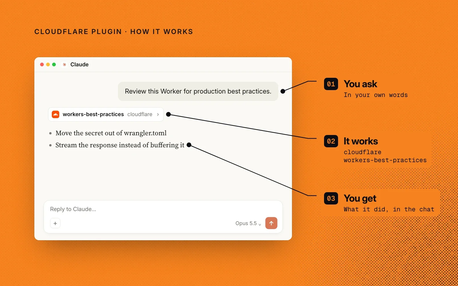 How it works: you ask in your own words, the Cloudflare plugin loads the matching skill, and you get guidance in the chat.