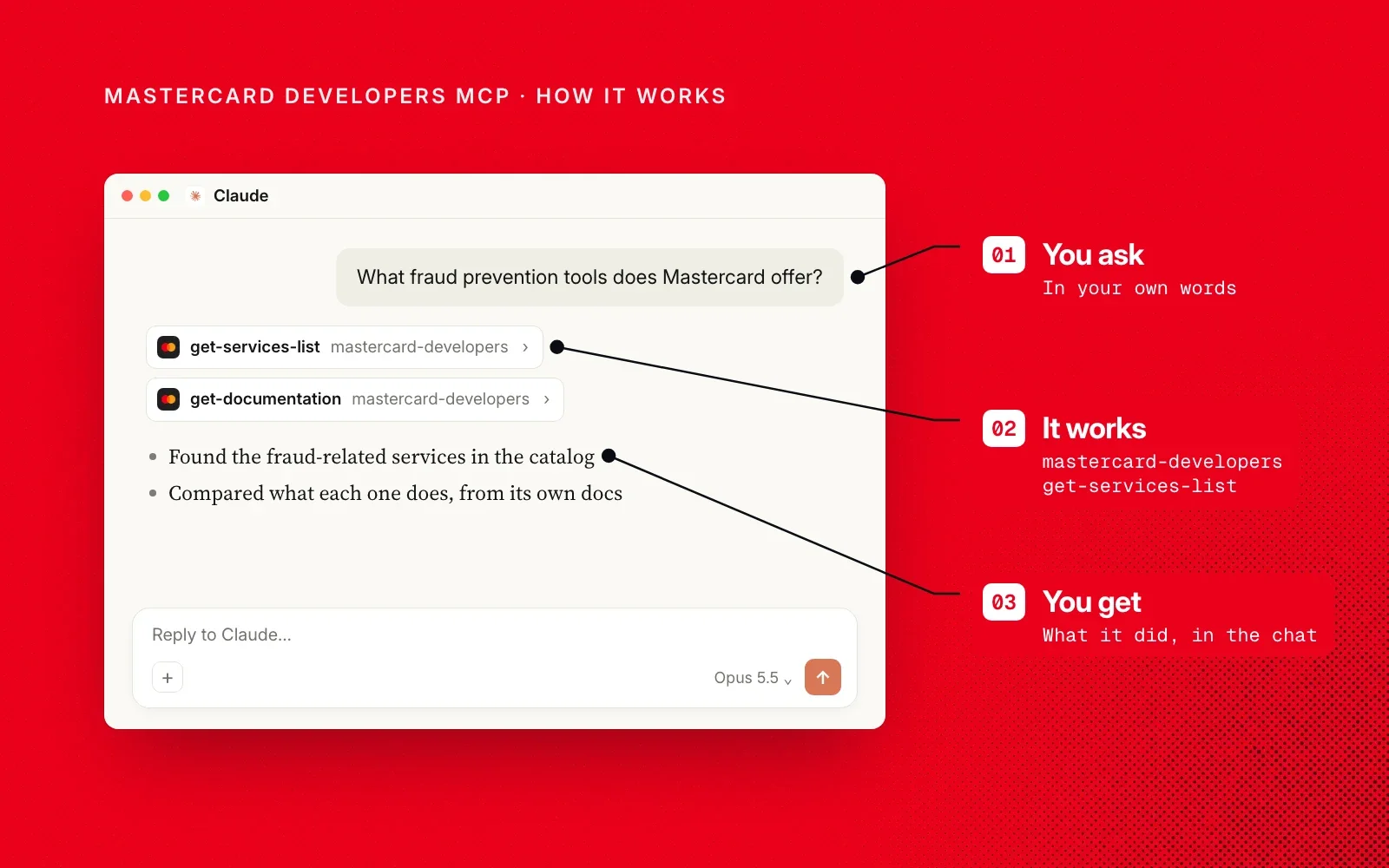 How it works, on an example chat: you ask in your own words, the Mastercard Developers MCP server's tools run, and you see what it found in the chat.