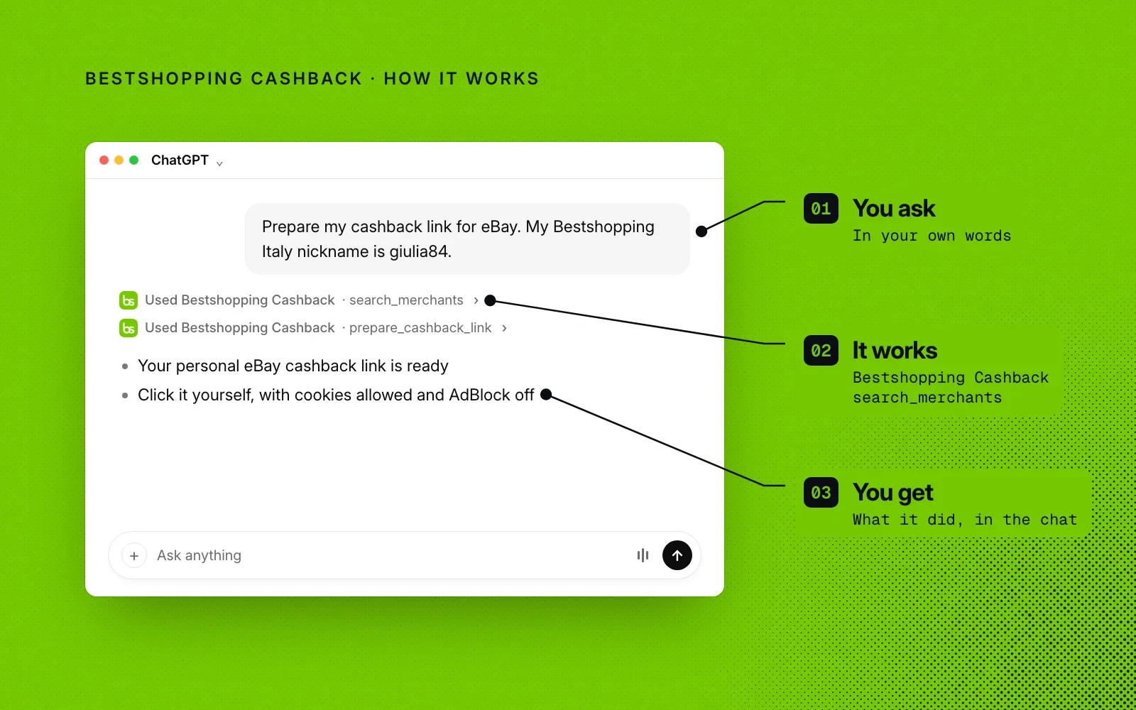 How it works, on an example chat: you ask in your own words, Bestshopping Cashback finds the shop and prepares your link, and you see the result in the chat.