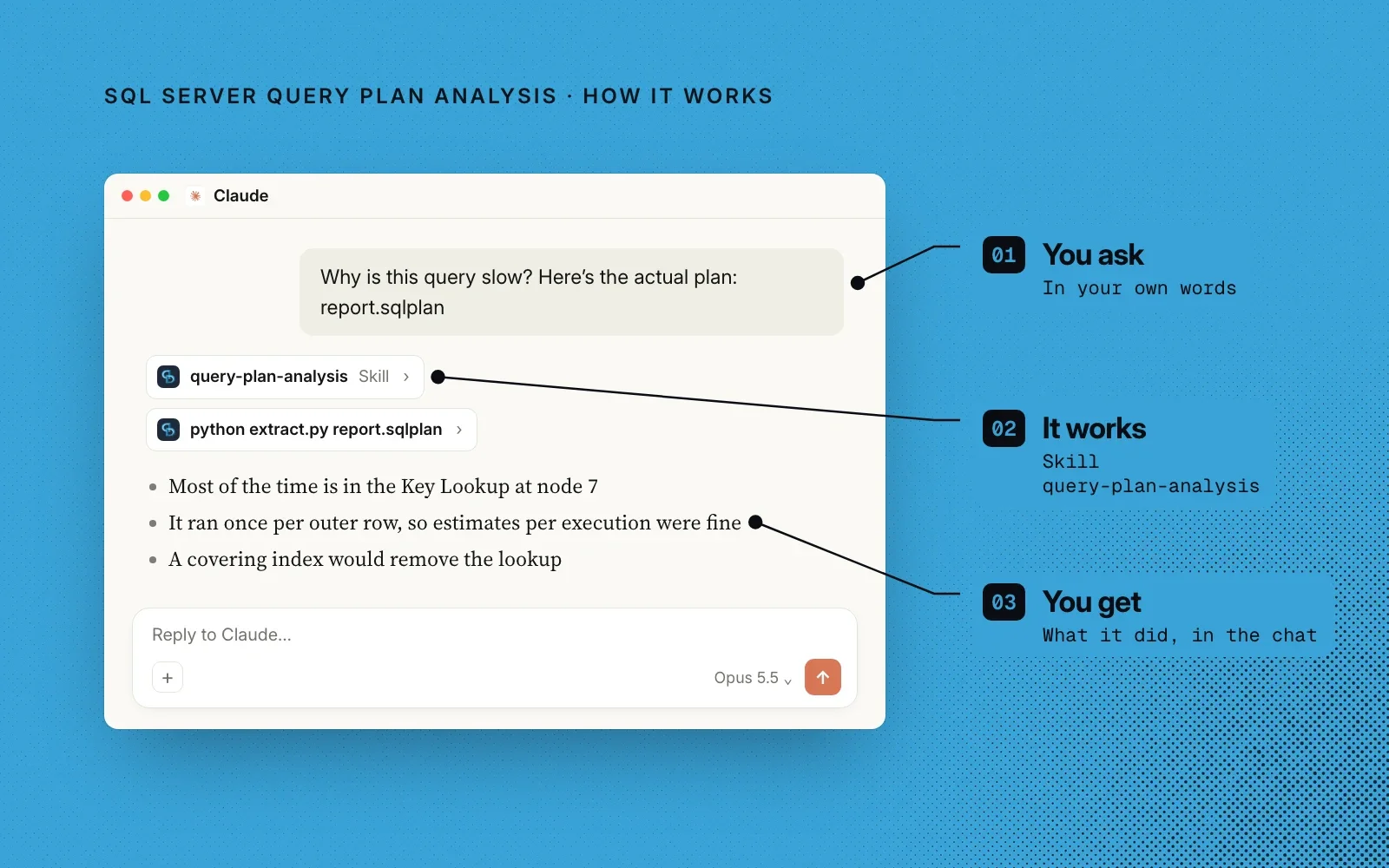 How it works, on Darling Data blue: an example chat where you ask in your own words, the query-plan-analysis skill reads the plan, and you get its findings in the chat.