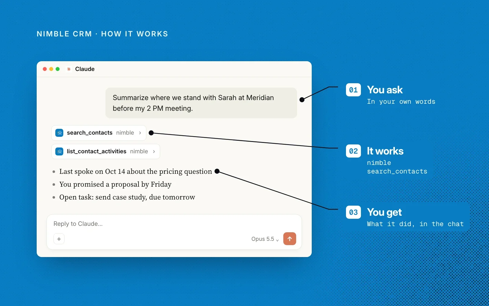 How it works, shown on an example chat in Claude: you ask in your own words, Nimble's search_contacts and list_contact_activities tools run, and you get the summary in the chat.
