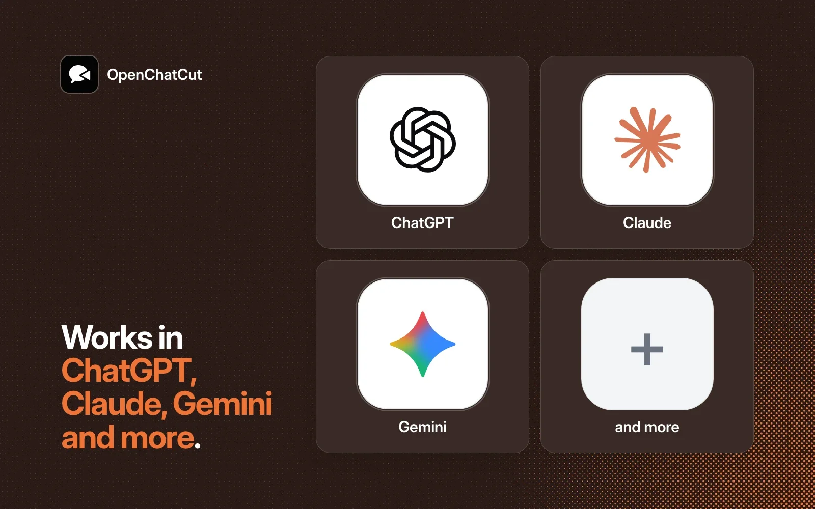 OpenChatCut works in ChatGPT, Claude, Gemini and more agents.