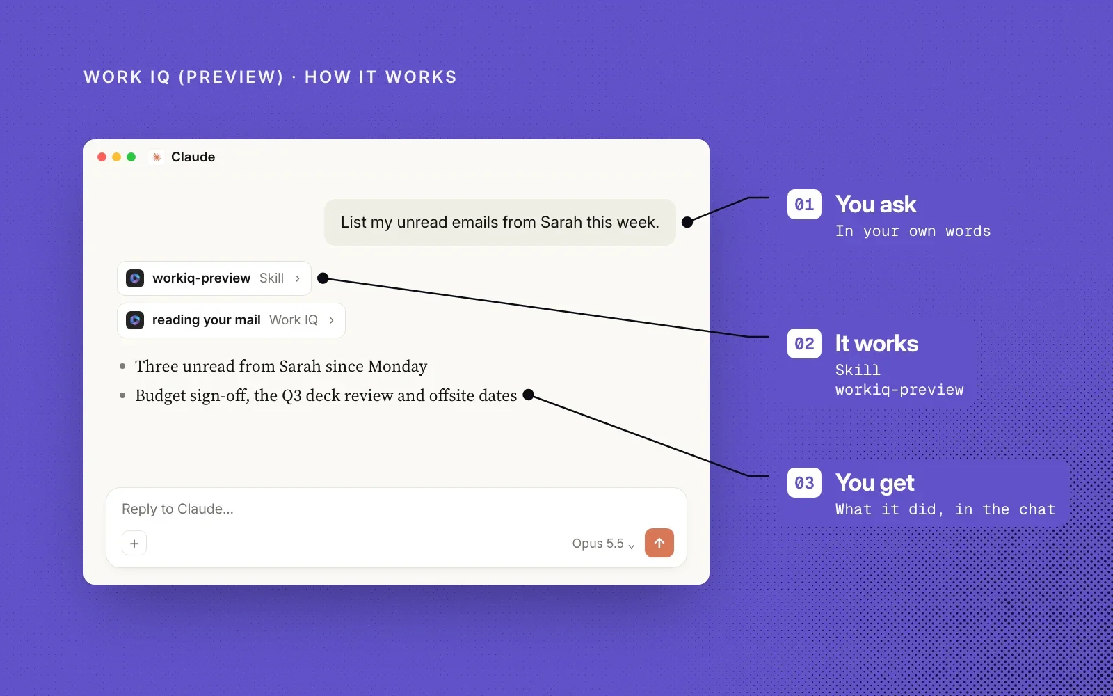 How it works, on an example chat: you ask in your own words, the workiq-preview skill does the work, and you get what it did in the chat.