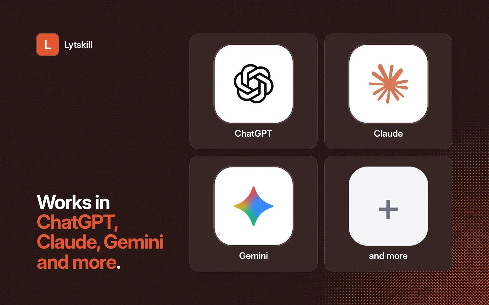 Works in ChatGPT, Claude, Gemini and more, shown as agent tiles beside the Lytskill icon.