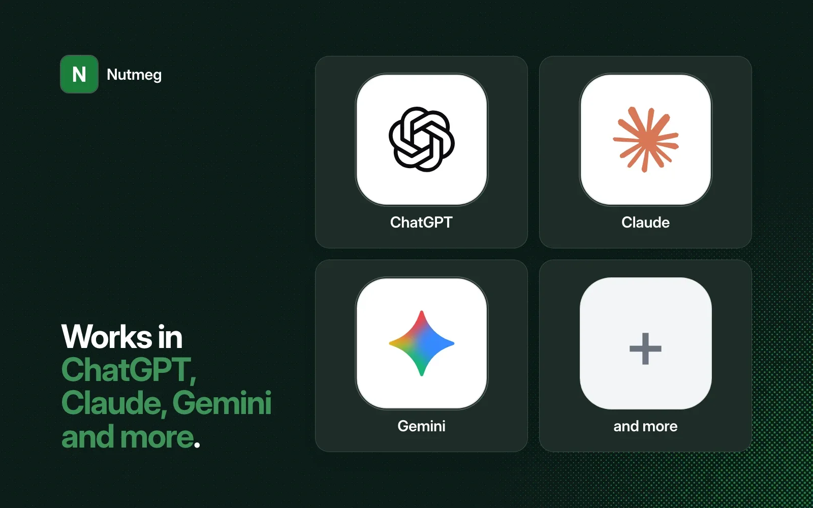 Works in ChatGPT, Claude, Gemini and more, shown as agent tiles beside the Nutmeg icon.