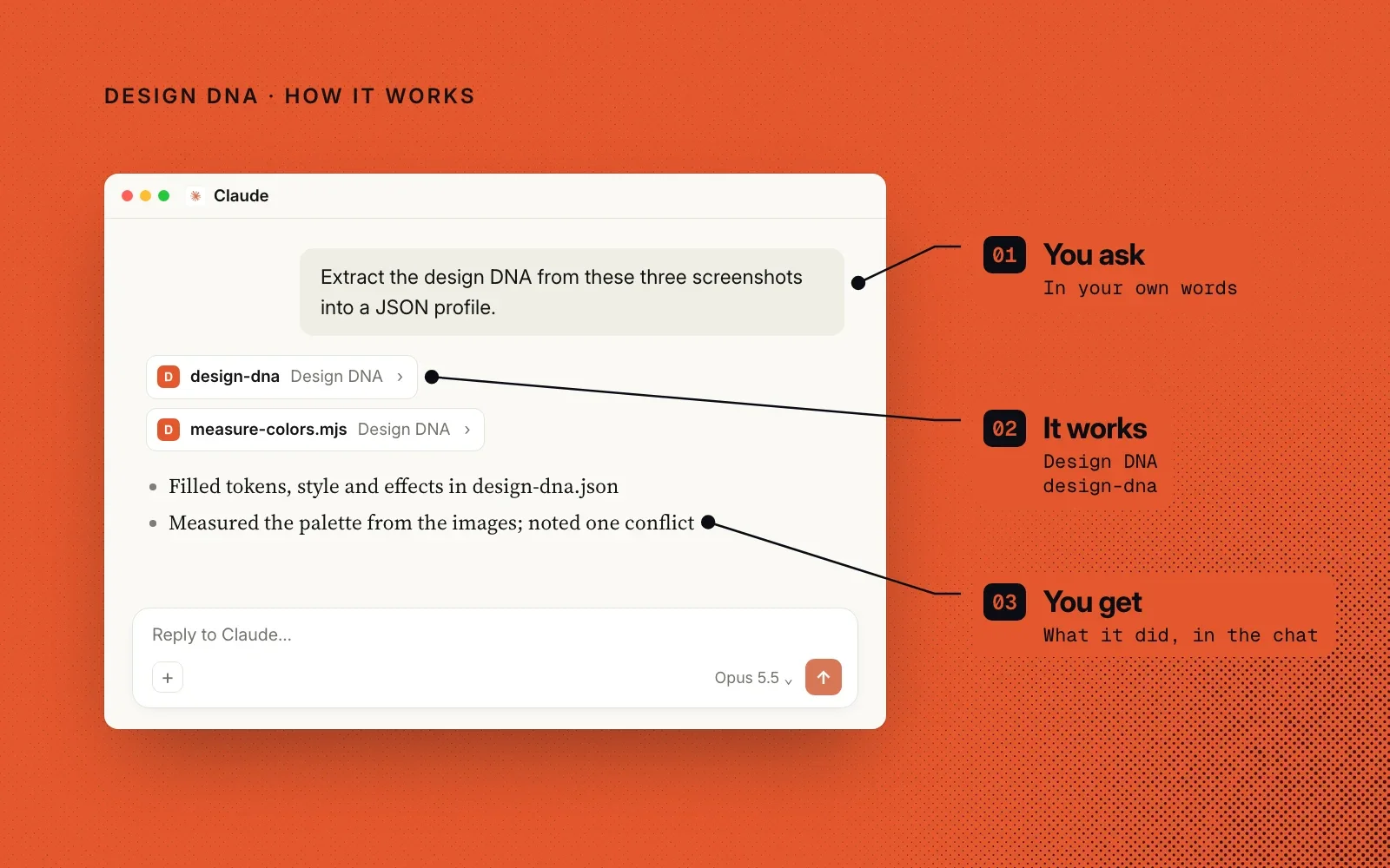 How it works: you ask in your own words, the skill runs design-dna and measure-colors.mjs, and you get a DNA profile in the chat.