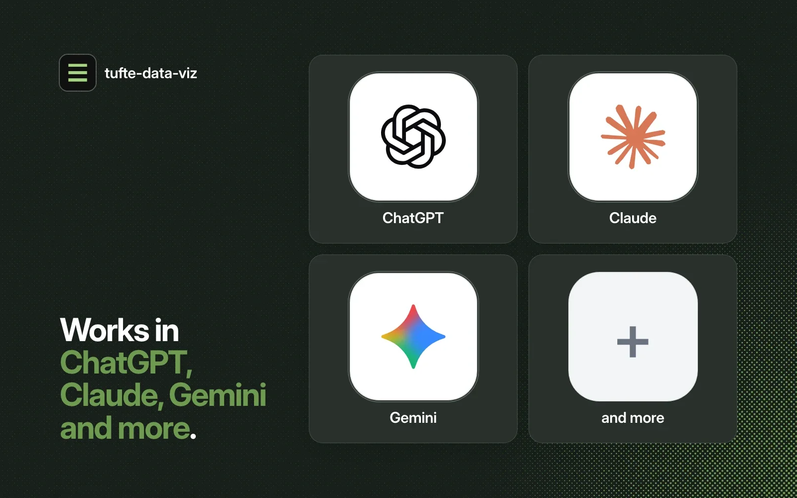 tufte-data-viz works in ChatGPT, Claude, Gemini and more, shown as agent tiles on a dark ground.