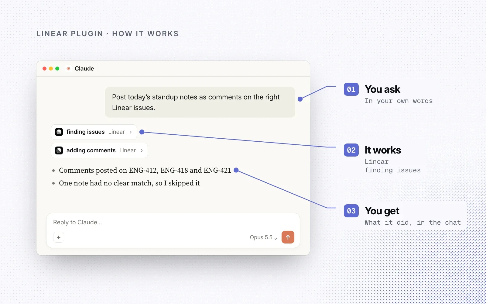 How it works, on an example chat: you ask in your own words, the Linear plugin finds the issues and adds comments, and you see what it did in the chat.