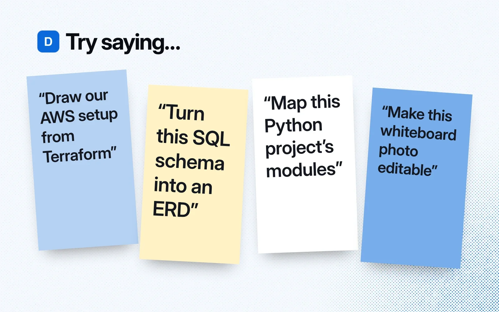Things to try, on sticky notes: draw our AWS setup from Terraform, turn this SQL schema into an ERD, map this Python project's modules, make this whiteboard photo editable.