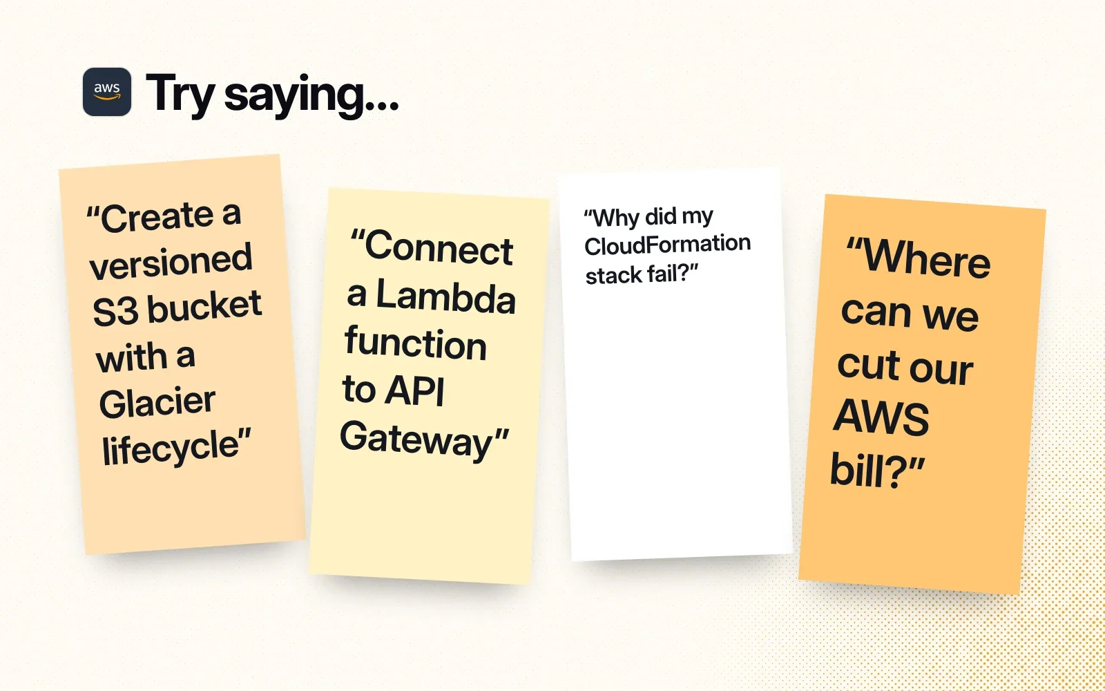 Things to ask it, on sticky notes: a versioned S3 bucket with a Glacier lifecycle, Lambda behind API Gateway, a failed CloudFormation stack, cutting the AWS bill.