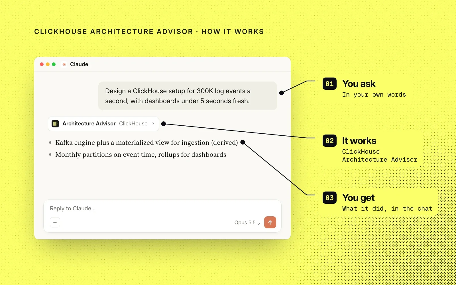 How it works, with an example chat in Claude: you ask in your own words, the ClickHouse Architecture Advisor skill applies, and you get labelled recommendations in the chat.