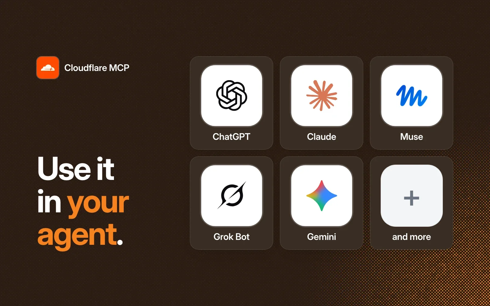 Use it in your agent: ChatGPT, Claude, Muse, Grok Bot, Gemini and more.
