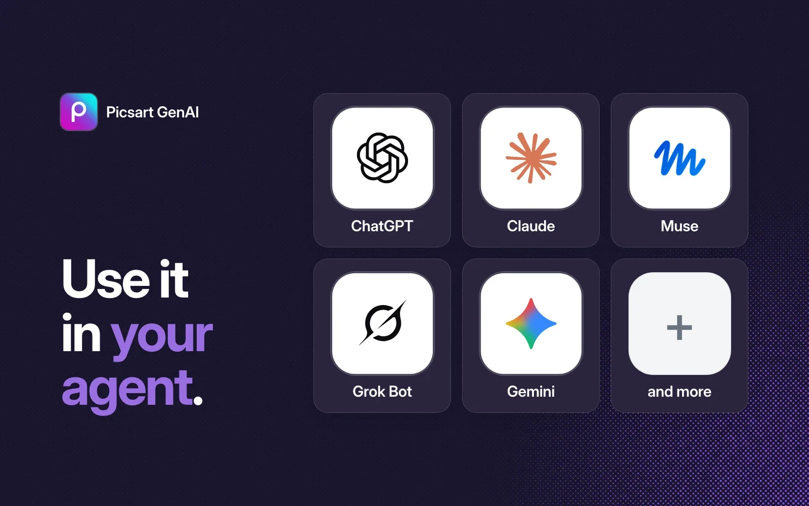 Use it in your agent: ChatGPT, Claude, Muse, Grok Bot, Gemini and more.