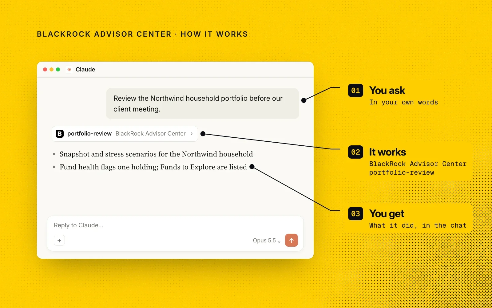 How it works, shown on an example chat in Claude: an advisor asks for a portfolio review, BlackRock Advisor Center runs its portfolio-review skill, and the results come back in the chat.